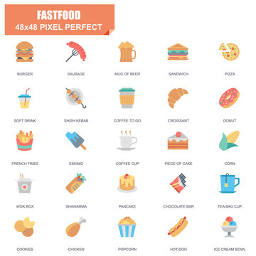 Simple Set of Fastfood Related Vector Flat Icons. Contains such Icons as Burger, Sausage, Sandwich, Pizza, French Fries, Hot-dog and more. Editable Stroke. 48x48 Pixel Perfect.
