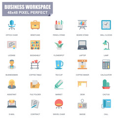 Simple Set of Business Workspace Related Vector Flat Icons. Contains such Icons as Office Chair, Bookshelf, Laptop, Businessman, Board Stand and more. Editable Stroke. 48x48 Pixel Perfect.