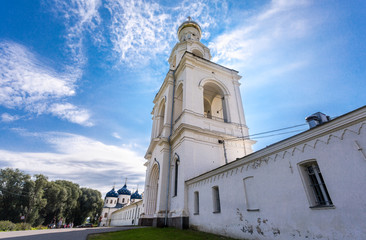 Bell tower of the St. George (Yuriev) Orthodox Male Monastery in summer day