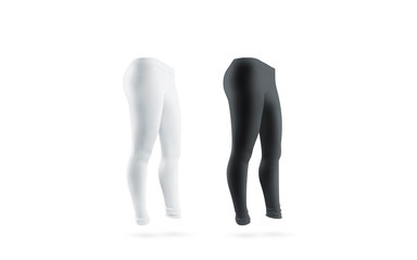 Blank leggings mockup set, black, white, isolated. Clear leggins template. Cloth pants design presentation. Sport pantaloons stretch tights model wearing. Slim legs in apparel.