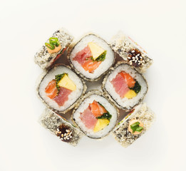 Set of fish rolls isolated on white, closeup