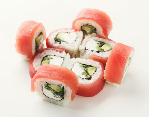 Set of fish rolls isolated on white, closeup