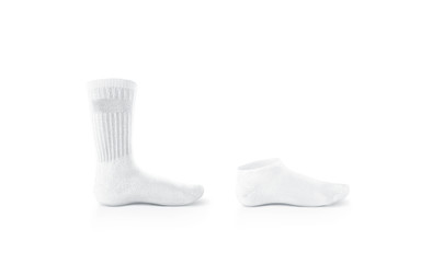 Blank white socks design mockup, long and short, isolated. Pair sport crew cotton sox wear mock up....