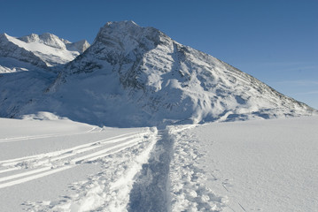 track, trail, made with snowshoes (snowshoeing) and by ski mountaineers, in fresh snow in high mountains, on a sunny day, winter, cold, ice, alps, mount Breithorn, Simplon Pass, Switzerland