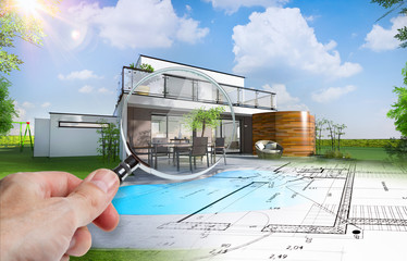 Plan et esquisse d'une maison individuelle moderne avec piscine et jardin