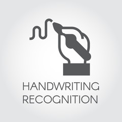 Handwriting recognition flat icon. Hand holding pen and writing line, Conclusion contract or modern authentication and authorization technology concept. Simple black label. Vector contour graphics