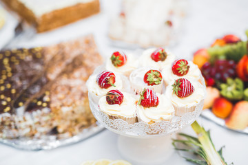 Delicious sweets on wedding candy buffet with desserts, cupcakes