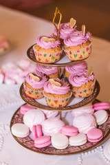 Various sweets, muffins, macarons, decorated with hearts for a girl's birthday party