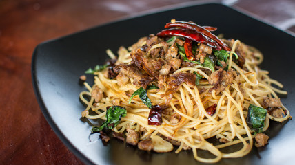 Stir-Fried Spaghetti with Sai Aua (Notrhern Thai Spicy Sausage)