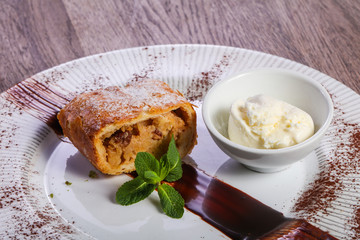 Apple strudel with ice-cream