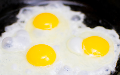 Fried chicken eggs in a frying pan.