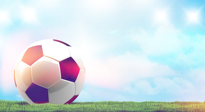 soccer football ball 3d rendering with green grass meadow blades of grass