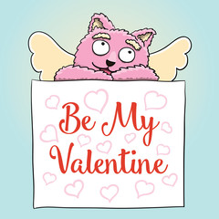  Valentines Day. Cute Cupid Pink Cat with Be My Valentine Poster