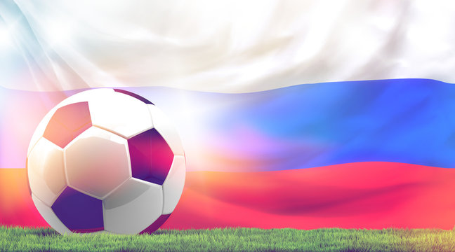 Russia design soccer football ball 3d rendering with green grass meadow blades of grass and russian flag