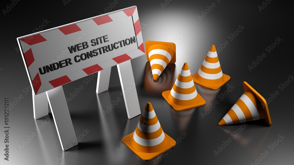 Fototapete Web site under construction sign with traffic cones - 3D rendering