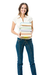 Full body of young happy woman with textbooks