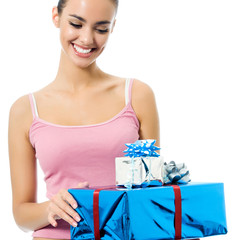 Young smiling woman with gift, isolated