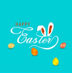 Hand sketched Happy Easter text with bunny ears and colored eggs