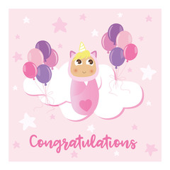 Pink unicorn baby - congratulations card.