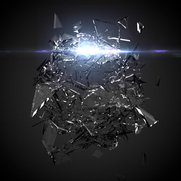 Broken glass sphere black background. 3d illustration, 3d rendering.