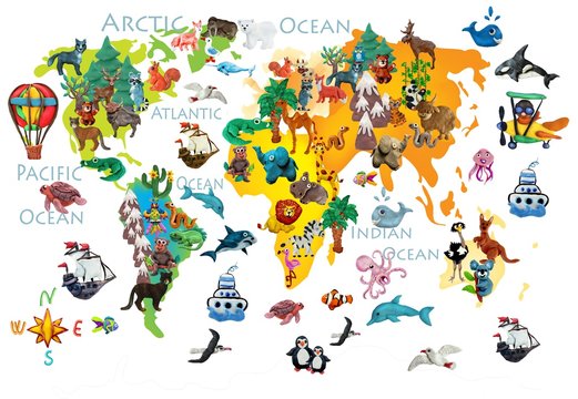 World  animals plasticine colorful kids 3d map
