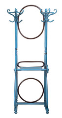 Vintage double wooden coat hanger stand with two rounded mirrors painted in turquoise and brown colors isolated on white including clipping path