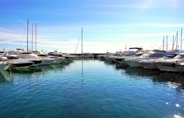 Fototapeta na wymiar Luxury yachts dropped anchor in marine in port on the Adriatic sea in Croatia