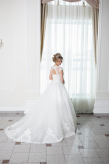 Beautiful bride in wedding dress before wedding ceremony in great hall