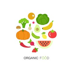 Fruit and vegetable vector circle on a white background in trendy flat style - healthy lifestyle illustration.