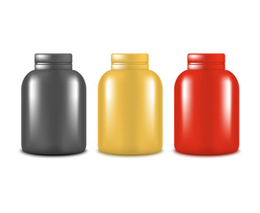Realistic Template Blank Color Protein Bottle Set Isolated. Vector