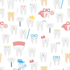 Cartoon Tooth Seamless Pattern Background. Vector