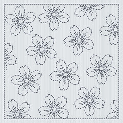 Japanese needlework. Sakura flowers. Sashiko frame for handiwork. Spring cherry backdrop. Floral background. Quilting motif. Pattern fills. For decoration or printing on fabric.