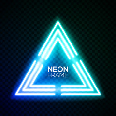 Blue neon light triangle. Gradient delta Techno frame. Night club electric bright 3d sign. Banner design on transparent backdrop. Neon abstract tech background with glow Technology vector illustration