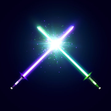 Purple and green crossed light neon swords with trembling blades fight. Laser sabers war. Glowing rays in space. Battle elements with star, flash and particles. Colorful vector illustration.