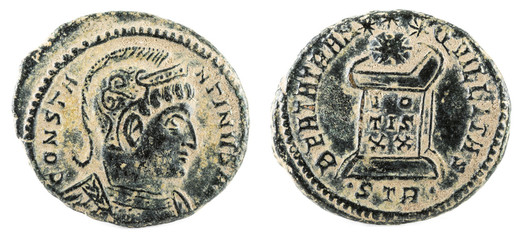 Ancient Roman copper coin of Emperor Constantine I Magnus.