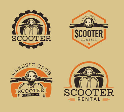 Vector set of Classic scooter emblems, icons and badges. Vector illustration of vintage scooter. Classic retro and vintage motorbike