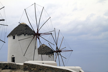 The famous windmills on Mykonos, Greece, on a cloudy day