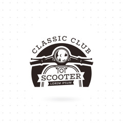 Classic scooter emblem. Vector illustration of vintage scooter on white background. Transportation logo. Vector illustration