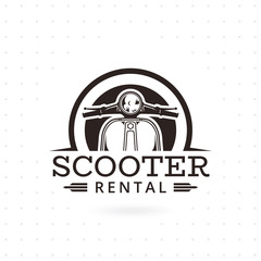 Scooter rental. Classic scooter emblem. Vector illustration of vintage scooter on white background. Transportation logo. Vector illustration © Fand