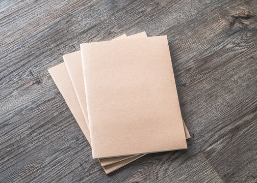 Blank Book Mock Up, Catalog, Magazines Or Note Cover Template With Recycle Brown Paper Texture On Table Floor