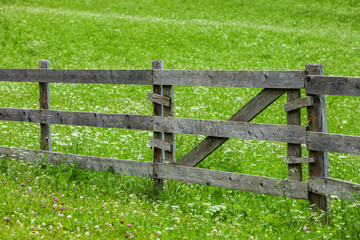 Fototapeta na wymiar Country style wooden fence in a meadow
