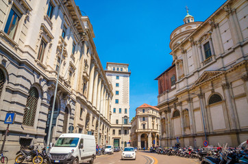 Beautiful street with ancient buildings in the center of Milan, Italy