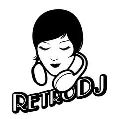 Woman retro style with headphones around her head isolated. Vintage title of old-style lettering.