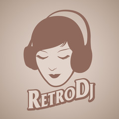 Woman retro style with headphones around her head isolated. Vintage title of old-style lettering.