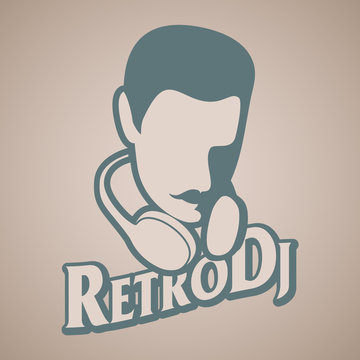 Man retro style with mustache and headphones around the head. Title of old-style lettering.