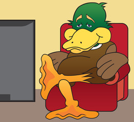 A tired cartoon duck is relaxing and watching TV