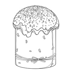 Vector outline Easter cake or Easter sweet bread or Paska with bow and powder in black isolated on white background. Traditional orthodox food in contour style for coloring book and greeting design.