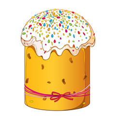 Vector outline Easter cake or Easter sweet bread or Paska with red bow and colored powder isolated on white background. Traditional orthodox food in contour style for greeting design.