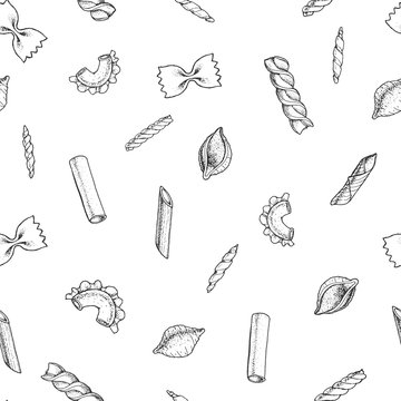 Italian pasta seamless pattern. Hand drawn vector illustration. Collection of pasta different types. Italian food design template. Engraved sketch style.