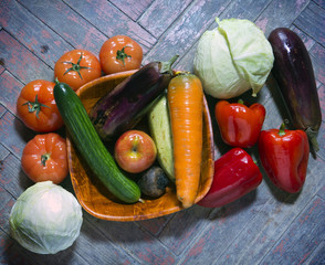 Vegetables on old wooden surfaces, flat lay..